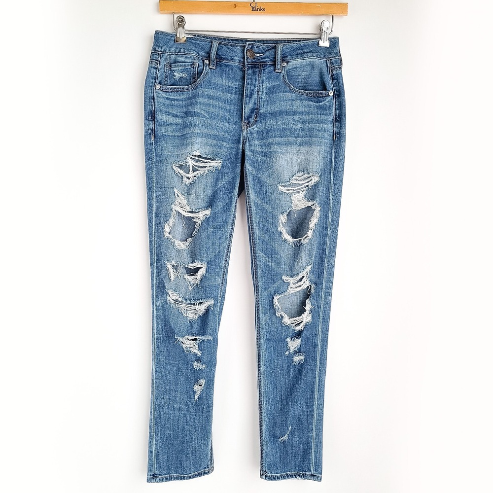 American Eagle Tom Girl Destroyed Distressed Jeans Womens 4 Tapered Stretch Blue